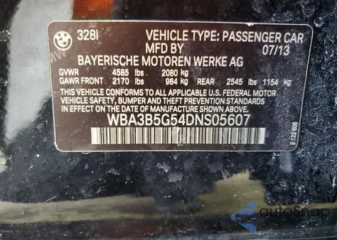 2013 BMW 328 Xi Sulev из США, поврежденный, VIN WBA3B5G54DNS05607